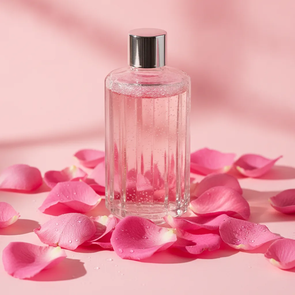 Rose petals scattered around a glass bottle of rose water