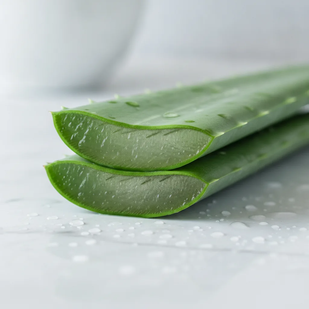 Fresh aloe vera leaf sliced open revealing clear gel
