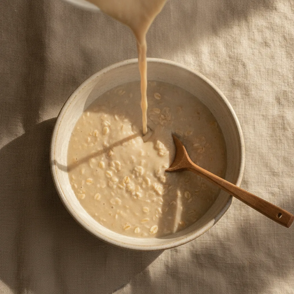 Creamy rolled oats in a ceramic bowl with a wooden spoon