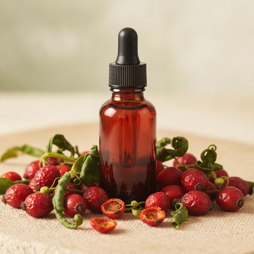 Rosehip oil in a dropper bottle with dried rosehips